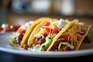 Lager Foto von Taco Mexiko im Teller Mexikaner Essen Essen Fotografie generativ ai