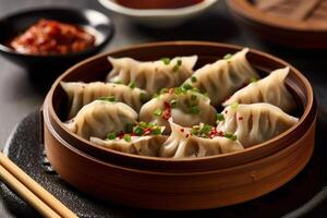 Lager Foto von mandu oder mandu mit Essstäbchen sind Knödel im Korea Essen Fotografie generativ ai