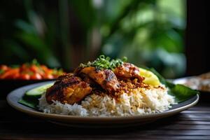 Lager Foto von ein gegrillt Hähnchen mit Reis und Garnierung auf Teller Fotografie generativ ai