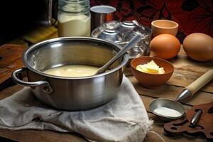 Lager Foto von machen Pudding im das Küche Tabelle Essen Fotografie generativ ai