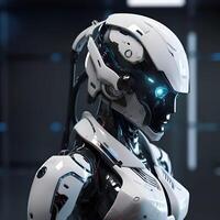 3d Rendern Humanoid Roboter oder Cyborg mit Kopieren Raum auf schwarz Hintergrund foto