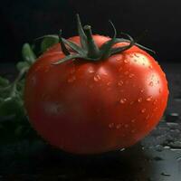 frisch rot Tomate mit Wasser Tropfen auf schwarz Hintergrund foto