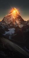 Himalaya wann das Sonne steigt an im Frühling, das Sonne ist golden orange. ai generativ foto
