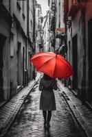 rot Regenschirm im Hand von Frau Gehen auf ein farblos Straße. ai generativ foto
