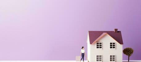 ein Person Stehen im Vorderseite von ein Modell- Haus erstellt mit generativ ai Technologie foto