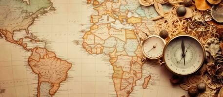 ein Karte von das Welt mit ein Kompass auf es erstellt mit generativ ai Technologie foto