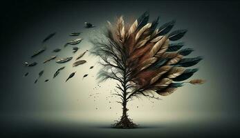 abstrakt Hintergrund mit Baum und Feder, ai generiert foto