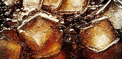 Cola mit Eis. schließen oben von das Eis Würfel im Cola Wasser. Textur von Karbonat trinken mit Luftblasen im Glas. Cola Limonade und Eis planschen Sprudeln oder schwebend oben zu oben von Oberfläche. kalt trinken Hintergrund. foto