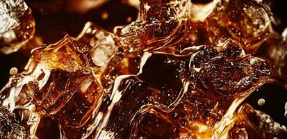 Cola mit Eis. schließen oben von das Eis Würfel im Cola Wasser. Textur von Karbonat trinken mit Luftblasen im Glas. Cola Limonade und Eis planschen Sprudeln oder schwebend oben zu oben von Oberfläche. kalt trinken Hintergrund. foto