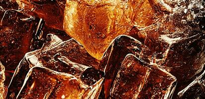 Cola mit Eis. schließen oben von das Eis Würfel im Cola Wasser. Textur von Karbonat trinken mit Luftblasen im Glas. Cola Limonade und Eis planschen Sprudeln oder schwebend oben zu oben von Oberfläche. kalt trinken Hintergrund. foto