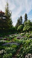 Himmel Garten Landschaft mit schön Blumen, Grün Bäume und Pflanzen erstellt mit generativ ai Technologie foto