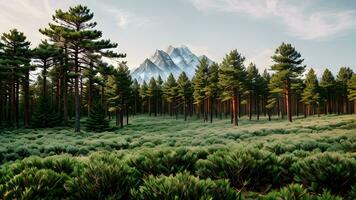 Natur Landschaft das Bäume im das Kiefer Wald auf ein klar Sommer- Tageslicht mit Grün Gras Muster erstellt mit generativ ai Technologie foto