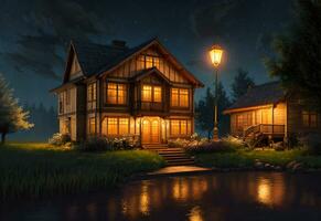atemberaubend realistisch Haus Außen beim Nacht Umgebung erstellt mit generativ ai Technologie foto