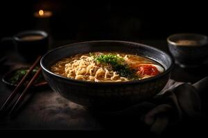 japanisch Ramen Suppe mit Huhn, Ei, Schnittlauch und sprießen auf dunkel hölzern. neural Netzwerk ai generiert foto