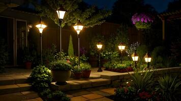 das faszinierend Schönheit von Garten Beleuchtung scheint hell erstellt mit generativ ai Technologie foto