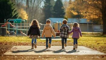 zurück zu Schule Konzept. Schule Kinder mit Rucksäcke gehen zu Schule, generativ ai foto