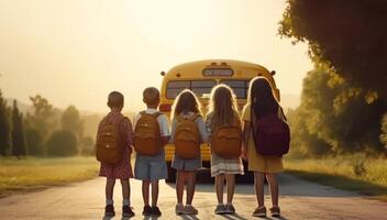 zurück Aussicht von Schule Kinder gehen zu Schule. zurück zu Schule Konzept, generativ ai foto