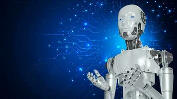 Roboter sind Assistent zum zur Verfügung stellen Zugriff zu Daten Wachstum von Geschäft im online Netzwerk, Roboter Anwendung und global Verbindung, ai, künstlich Intelligenz. foto