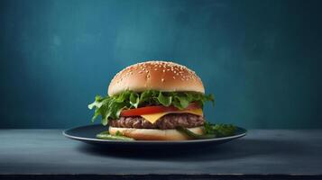 Cheeseburger auf ein Blau Hintergrund, generativ ai foto
