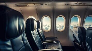 erkunden das Himmel im Kompfort, leeren Fluggesellschaft Flugzeug Sitze mit Wolken draußen das Fenster. generativ ai foto