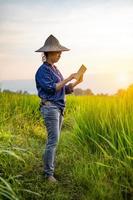 Bäuerin, die eine digitale Tablette verwendet, während sie in grünen Reissämlingen auf einem Reisfeld mit schönem Himmel und Wolken sitzt foto