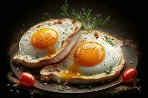 halb gar Sonnenseite oben Eier, Essen Hintergrund, generiert durch künstlich Intelligenz foto