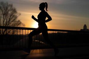Silhouette von ein Laufen Mädchen auf das Hintergrund von das Abend Sonnenuntergang generativ ai foto