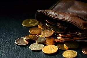golden Münzen geregnet Nieder von das Geldbörse generativ ai foto