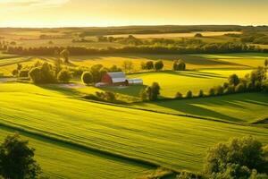 Bauernhof auf ein Grün Wiese Nächster zu ein ordentlich Grün feldwarm Sonnenuntergang, Aussicht von ein Drohne generativ ai foto