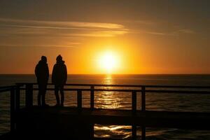 Silhouette ein Paar von freunde und Meer Sonnenuntergang Sonne generativ ai foto