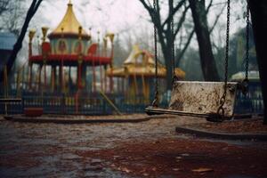 alt schwingen auf das Hintergrund von das Spielplatz auf ein wolkig grau Tag, ein mystisch unheimlich Gefühl generativ ai foto