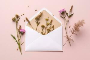 Briefumschlag mit Kräuter auf Rosa Hintergrund generativ ai foto