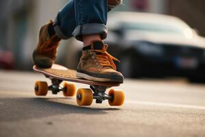 kostenlos Reiten Skateboarding im Stadt, Bein auf Schlittschuh generativ ai foto