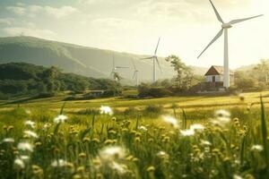 Wind Generatoren im das Dorf auf das Feld generativ ai foto