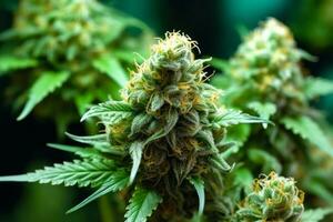 Cannabis Geäst mit ein stoßen, Nahansicht von ein medizinisch Marihuana Pflanze generativ ai foto