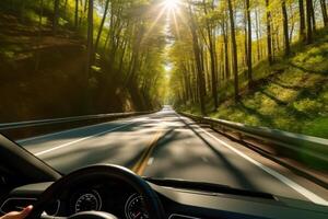 Fahren Auto im sonnig Wetter, Sommer- Straße Ausflug generativ ai foto