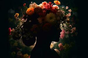 Silhouette von ein Mädchen Kopf mit Blumen auf ein Blumen- dunkel Hintergrund generativ ai foto