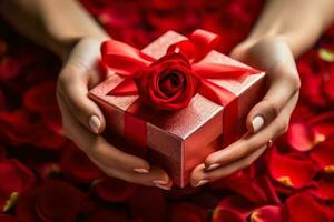 Frau halten ein Geschenk Box mit rot Band auf Blume Hintergrund generativ ai foto