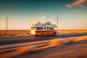 Wohnmobil Auto Reise auf Wüste Straße generativ ai foto