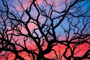 Silhouette von ein Baum gegen das Hintergrund von das Sonnenuntergang Himmel generativ ai foto