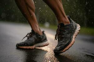 Füße im Turnschuhe Laufen im das Regen generativ ai foto