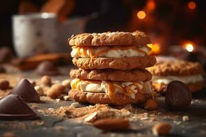 Shortbread Kekse mit Sahne Füllung, bestreut mit Karamell, Süßwaren, Nachspeisen generativ ai foto