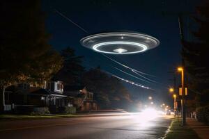 Außerirdischer Objekt UFO Rabatt Über das Straße generativ ai foto