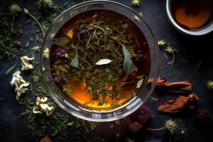 schwarz Kräuter- Tee eben legen generativ ai foto