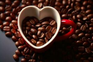 ein Tasse von Kaffee mit ein Herz und Kaffee Körner auf ein dunkel Hintergrund oben Sicht, Morgen Liebling trinken generativ ai foto