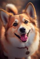 Nahansicht Porträt von Hund Corgi Gesicht im Profil. das Schnauze von ein Hund mit Augen, Rosa Sprache, lange Schnurrbart, schwarz Nase. Schnauze von ein Hund im Profil generativ ai. foto