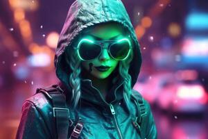 Mode Cyberpunk Mädchen mit Brille im Nacht Stadt. generativ ai foto