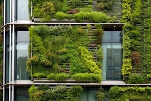 Grün Fassade, Vertikale Garten im die Architektur. ökologisch Gebäude. generativ ai foto