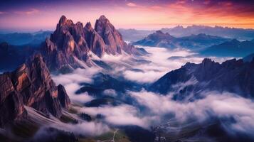 Landschaft mit alpin Berg Senke und sternenklar Himmel, Dolomiten, Italien. generativ ai foto