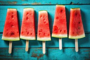 Sommer- Wassermelone Scheibe Eis am Stiel auf ein Blau rustikal Holz Hintergrund. generativ ai foto